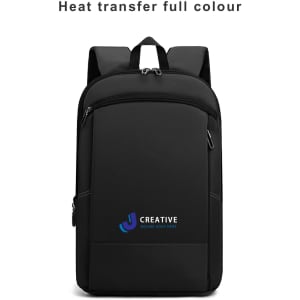 A black expandable laptop backpack with a logo on the front and dual shoulder straps.