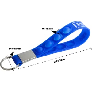 A blue silicone stress reliever keyring with popper buttons and a metal keyring attached.