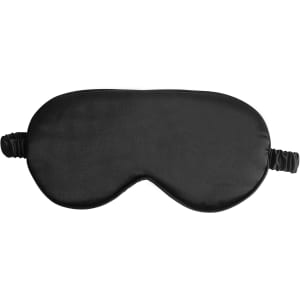 A satin sleep mask in black with an elastic strap for comfort. It features a smooth texture and has a logo.