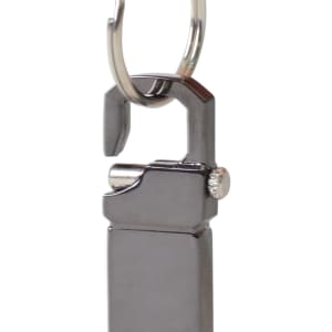 A metallic flash drive with a keyring attachment, featuring a sleek silver design.