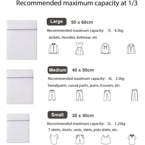 A range of mesh laundry bags in varying sizes: Large, Medium, and Small, each with capacity details.