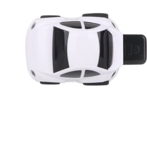 A white and black car-shaped flash drive with a USB connector, featuring a simple design and a logo.