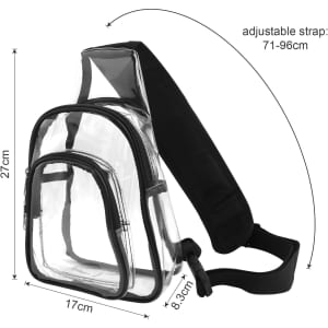 A clear PVC crossbody backpack with black straps, featuring a spacious main compartment and front pocket.