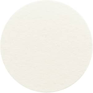 A round, white absorbent paper coaster with a textured surface and a simple design.