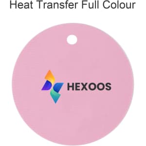A round pink drink cover featuring a central logo. Includes a hole for attachment.