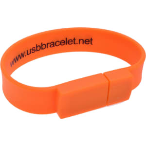An orange rectangular silicone wristband flash drive with a logo.