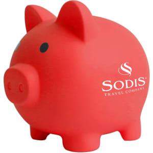 A red PVC piggy bank with a rounded body, pointy ears, and a logo on its side.