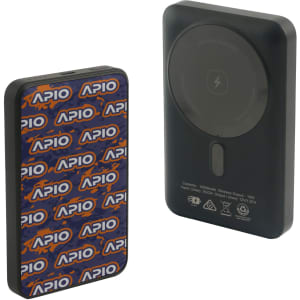 A magnetic power bank featuring a full colour print design, predominantly in blue and orange, with a branding logo.