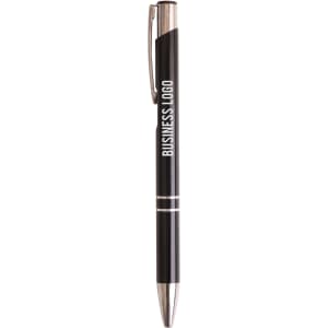 A black aluminium click pen featuring a silver clip and accents, with a logo displayed on the barrel.
