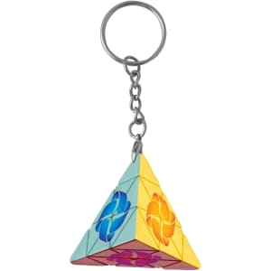 A triangular puzzle keyring featuring colourful segments in blue, orange, yellow, and pink with a metal keychain.