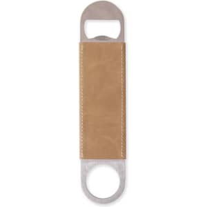 A drink bottle opener with a stainless steel top and a tan PU leather handle, featuring a logo.