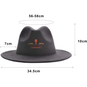 A black felt wide brim fedora hat with a logo, featuring dimensions of 56-58 cm circumference and 10 cm high.