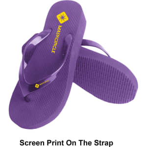 Purple rubber thongs with a textured sole and a logo on the strap.