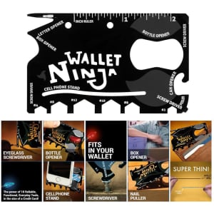 A black card-sized multi-tool featuring various functions like a bottle opener and screwdriver, with a logo on it.