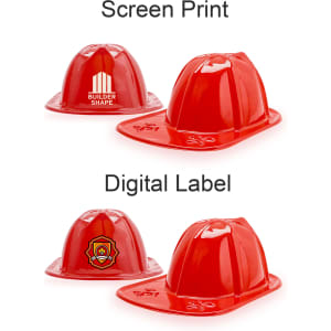 A red PVC fire chief hat with a glossy finish, featuring different branding options on two hats.