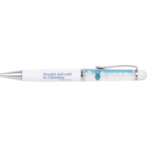 A floating pen featuring a white body, silver accents, and a design element inside. It has a logo and text.