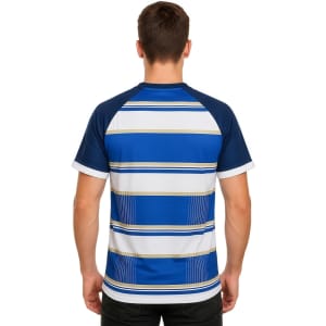 A blue and white striped V-neck raglan T-shirt with a logo on the back, made from 100% polyester micro mesh.