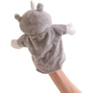 A grey rhinoceros hand puppet with white details, held up from below. It has small ears and a soft plush texture.