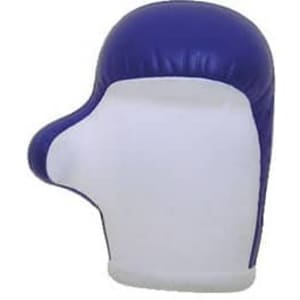 A purple and white boxing glove shaped stress reliever with a logo on the surface.