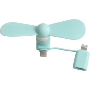 A teal 2 in 1 smartphone fan with a USB connection and a small adaptor. It features two blades for cooling.