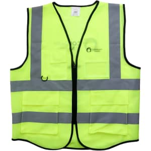 A bright yellow unisex hi-vis vest with reflective tapes and multiple functional pockets. It features a logo.