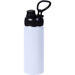 A drink bottle in glossy white and black, featuring a carry handle and a double wall vacuum design.