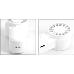 A mini portable handheld fan in white, featuring a compact design and a USB charging port.