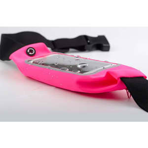 A pink waist bag features a clear, water-resistant compartment and a black strap for securing around the waist.