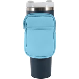 A drink bottle pouch in light blue, featuring a zippered pocket, attached to a dark-coloured drink bottle.