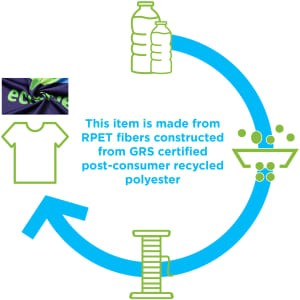 An RPET milk silk sublimated V-neck long sleeve shirt in vibrant colours with a label indicating environmental sustainability.