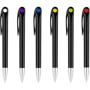 A set of black barrel pens with colourful tops in blue, orange, purple, and yellow. Each pen features a clip.