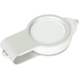 A light grey epoxy doming flash drive with a circular design and a clip for attachment.
