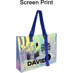 A colourful transparent PVC tote bag with blue straps and a branding logo on the front.