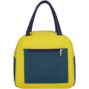 A colourful insulated lunch bag in yellow and navy, featuring a front zip pocket and dual handles.