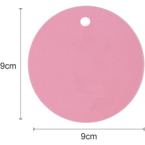 A drink bottle cover in a round, pink design, measuring 9cm in diameter, featuring a hole for attachment.