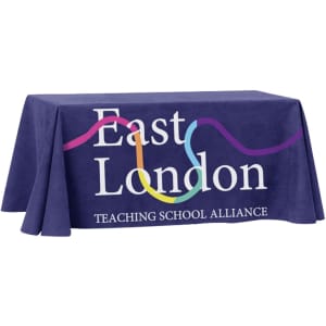 A navy blue 4-sided throw tablecloth with a logo and colourful design, suitable for a 6ft table.