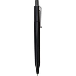 A black plastic pen with a clip and silver accents, featuring a smooth barrel design.