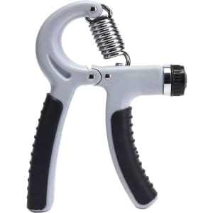 A grey adjustable hand grip with a spring and black textured grips. It features a circular adjustment knob.