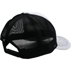 A grey and black trucker hat with a mesh back, featuring a curved brim and a logo on the side.