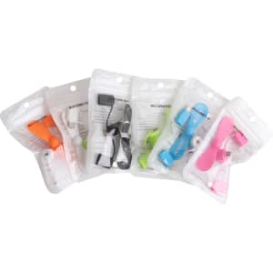 A collection of six packaged 3 in 1 smartphone fans in various colours: pink, green, blue, black, white, and orange.