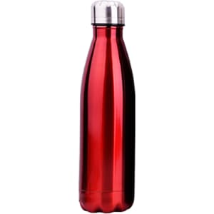 A drink bottle in shiny red stainless steel with a silver cap and a logo. Suitable for hot and cold beverages.