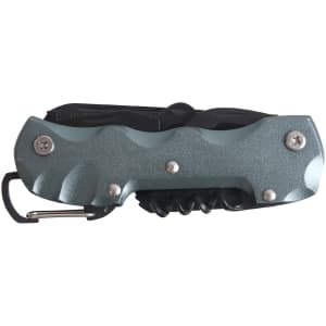 A multifunction pocket knife in grey, featuring various tools and a keyring attachment. Contains a logo.