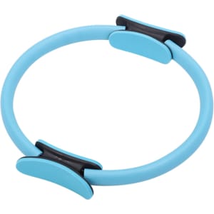 A blue Pilates circle with black grips, designed for fitness and exercise. It features a smooth, circular shape.