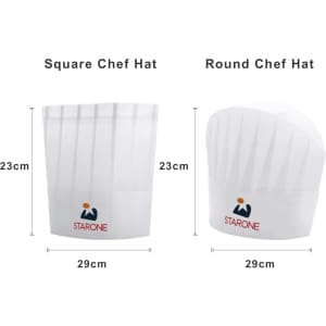 A disposable non-woven chef hat in white, with a square and a round design, featuring a small logo.