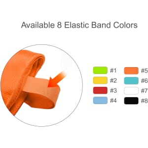 An orange training bib with a strap. Eight elastic band colour options are displayed alongside.