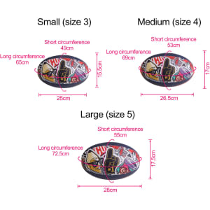 Aussie Rules training balls in three sizes: small, medium, and large, featuring a colourful design and a logo.