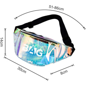 A holographic waist bum bag with adjustable strap, featuring a zippered main compartment and a logo.