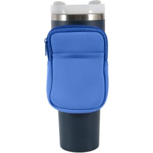 A drink bottle pouch in blue, featuring a zippered pocket, designed to fit a Stanley water bottle.