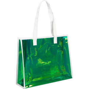 A clear green handbag with white handles, featuring a shiny, reflective surface and a simple design.