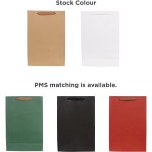 Small vertical paper bags with rope handles in various colours: brown, white, green, black, and red. Each bag features a logo.
